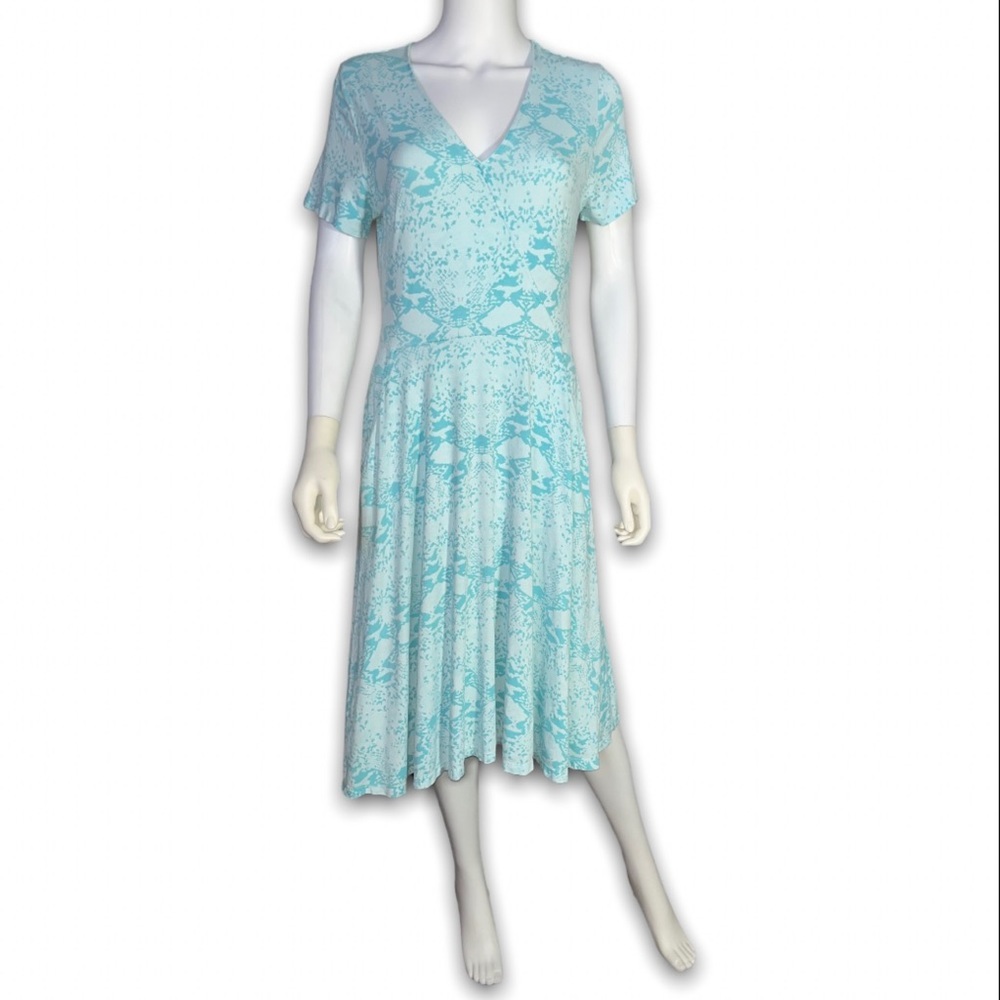 FRESH PRODUCE Coastal Faux Wrap Dress Teal Aqua Blue Reptile Snake Skin Print M - Picture 2 of 9